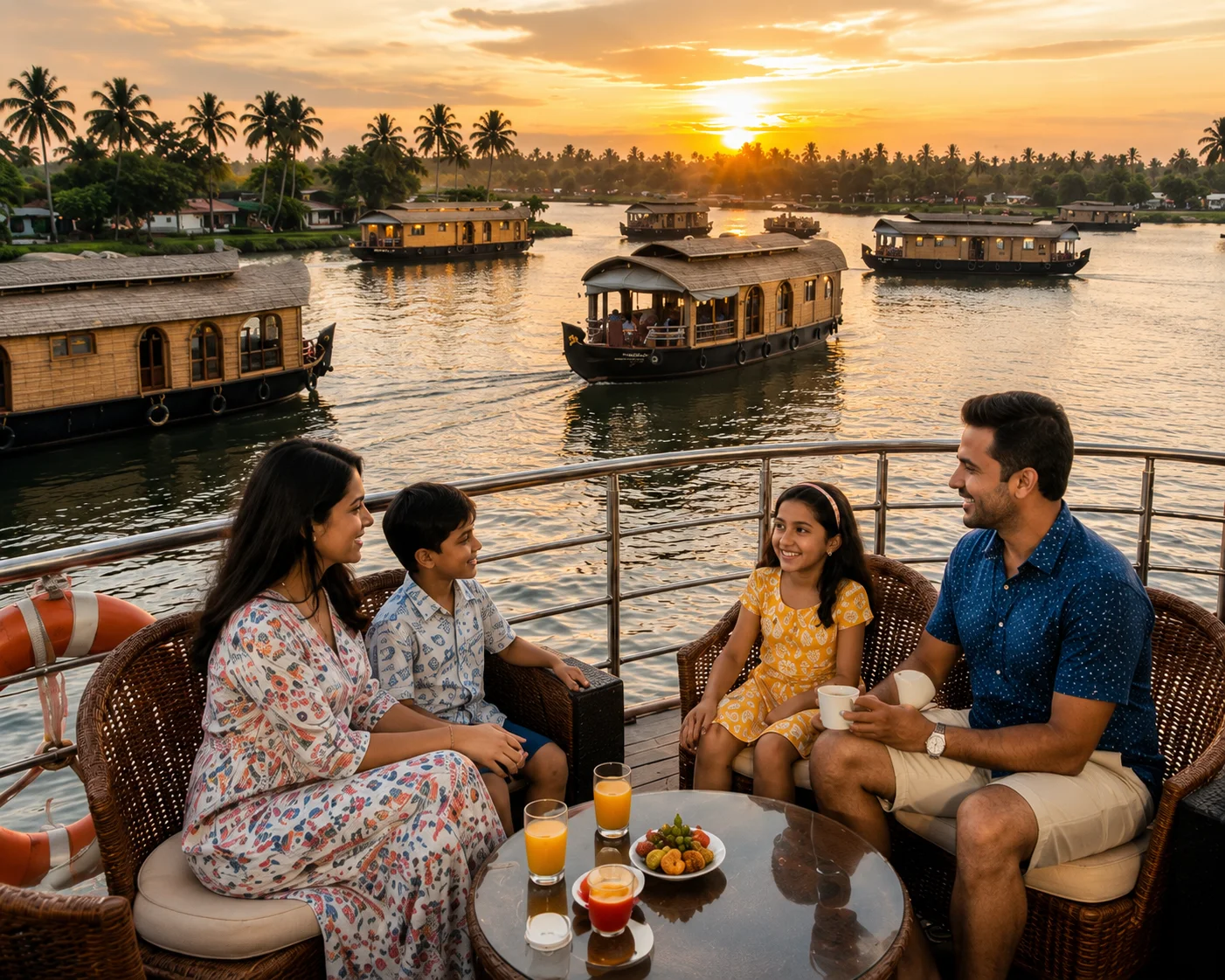 Family enjoying a relaxing evening on the upper deck of a traditional Alleppey houseboat, surrounded by scenic Kerala backwaters with multiple houseboats cruising across the lake during a beautiful golden sunset. Parents and children are smiling together