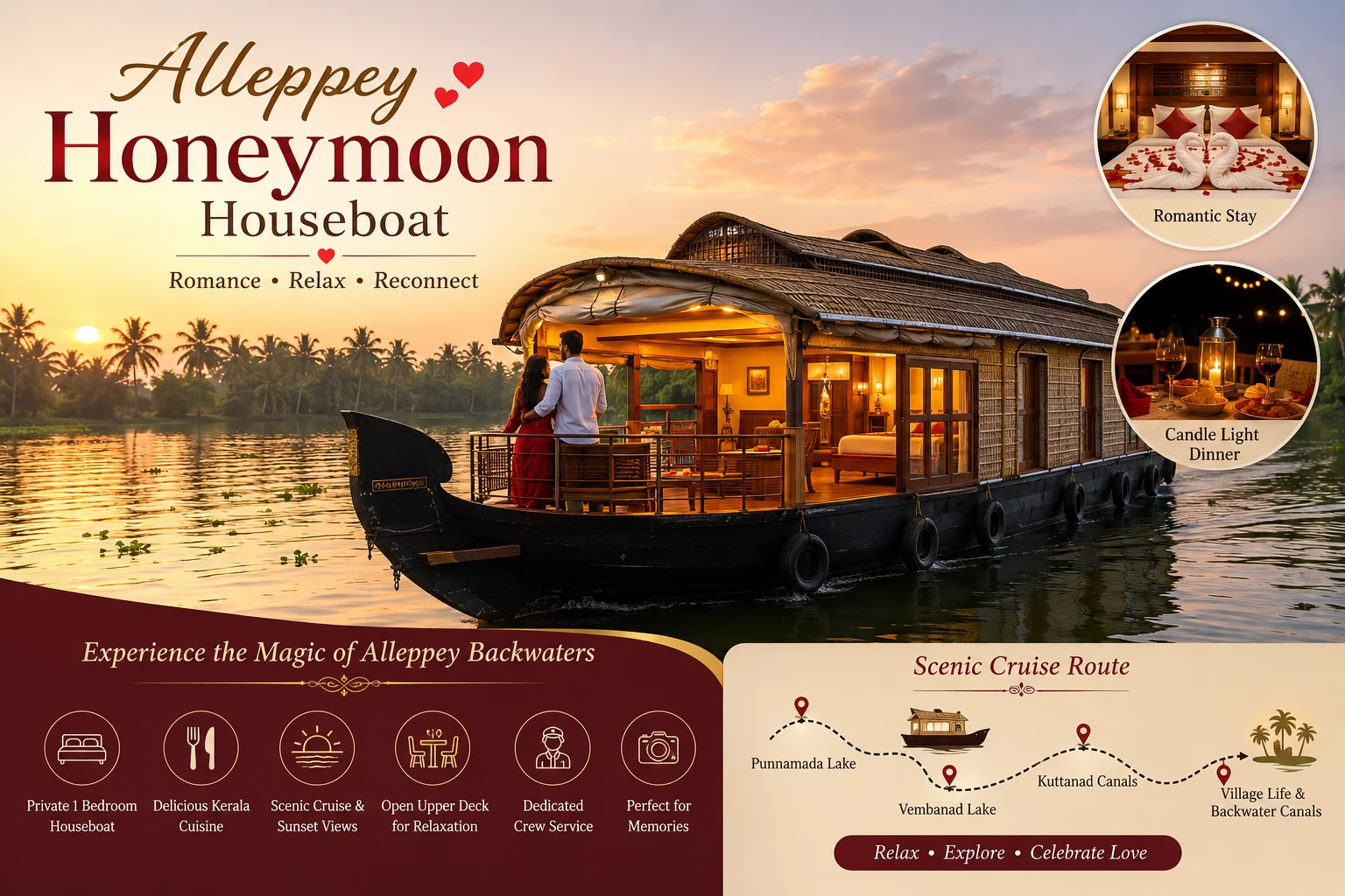 Experience an unforgettable honeymoon aboard a luxury houseboat cruising through the serene backwaters of Alleppey, Kerala.