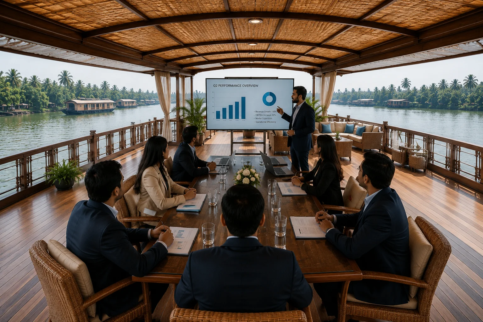 Business professionals conducting a corporate meeting on the spacious upper deck of a luxury Kerala houseboat, featuring a large conference table, presentation screen, and scenic backwater views.