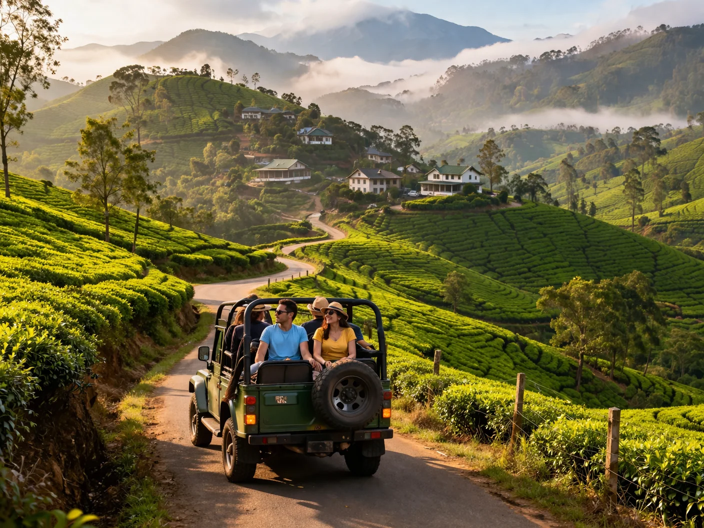 Romantic Kerala honeymoon couple enjoying Munnar hills and Alleppey backwaters